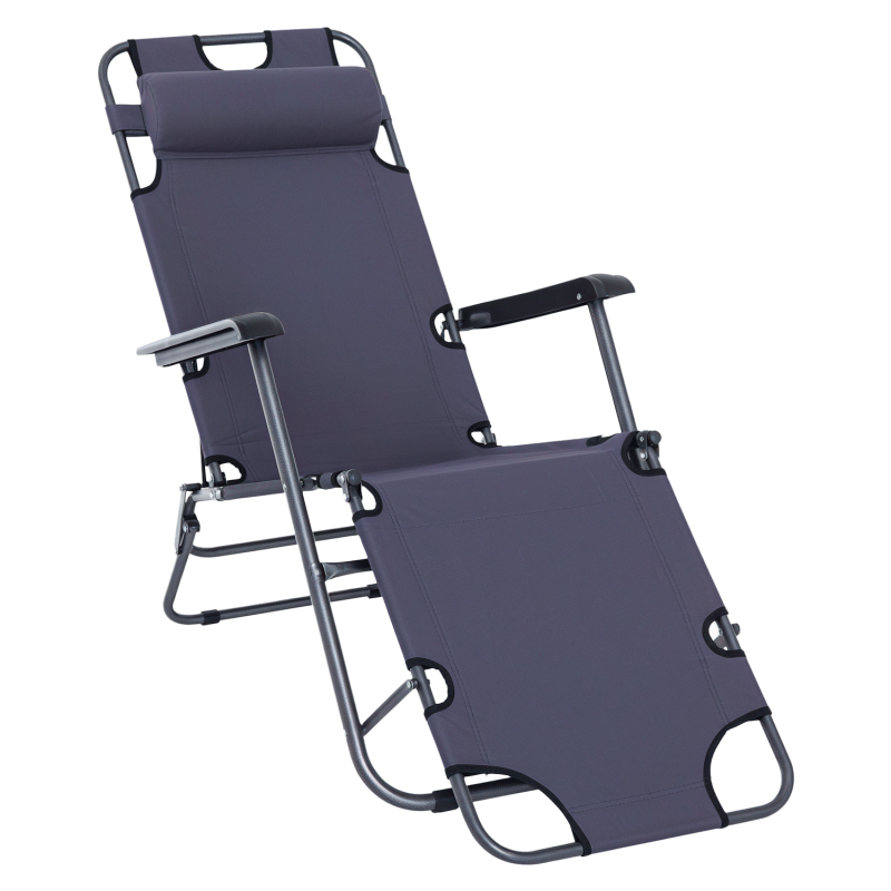 Outsunny 2 in 1 Folding Sun Lounger Reclining Garden Chair with 2-Level Adjustable Backrest, Outdoor Zero Gravity Recliner Garden Chair with Head Pillow and Armrests, Grey