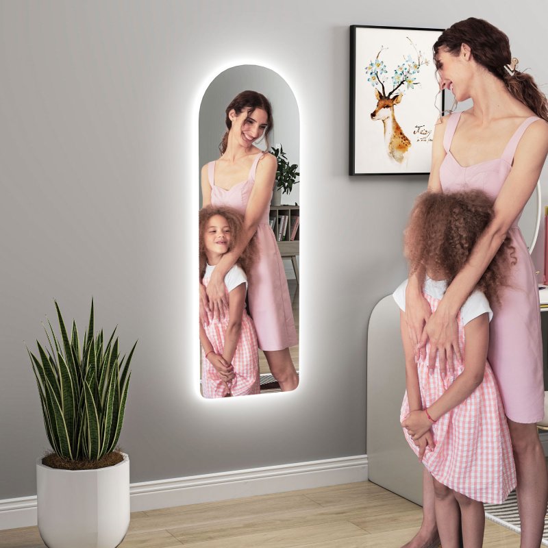 HOMCOM Arched Full Length Mirror with LED Lights, 120 x 40cm Backlit Frameless Wall Mirror with Dimming and 3 Colour Lighting for Living Room, Bedroom, Clear