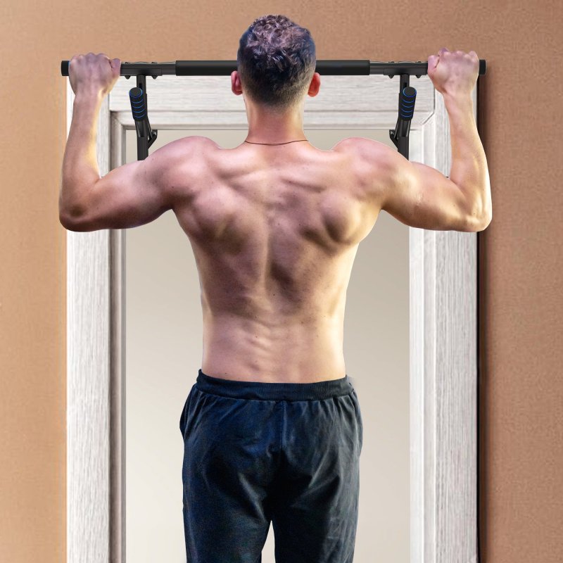 SPORTNOW Doorway Pull-Up Bar, No-Drilling Chin-Up Bar, Push-Up Stand with Resistance Bands, Padded Handles for Home Gym Exercise, Blue