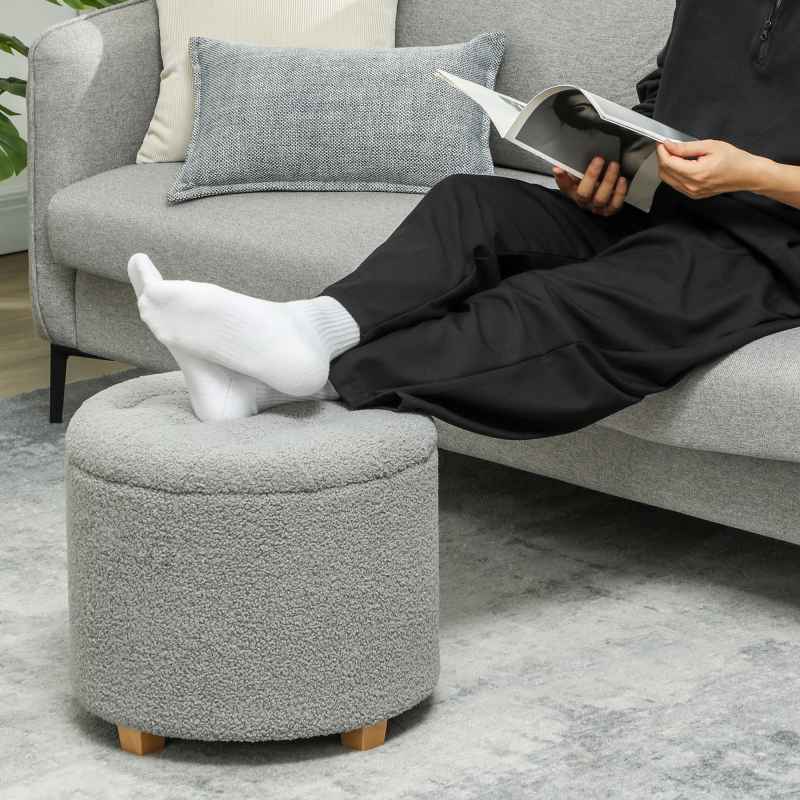 HOMCOM 45cm Round Storage Ottoman, Teddy Fleece Footstool with Removable Lid and Wood Legs, Button Tufted Vanity Stool for Living Room Bedroom Hallway