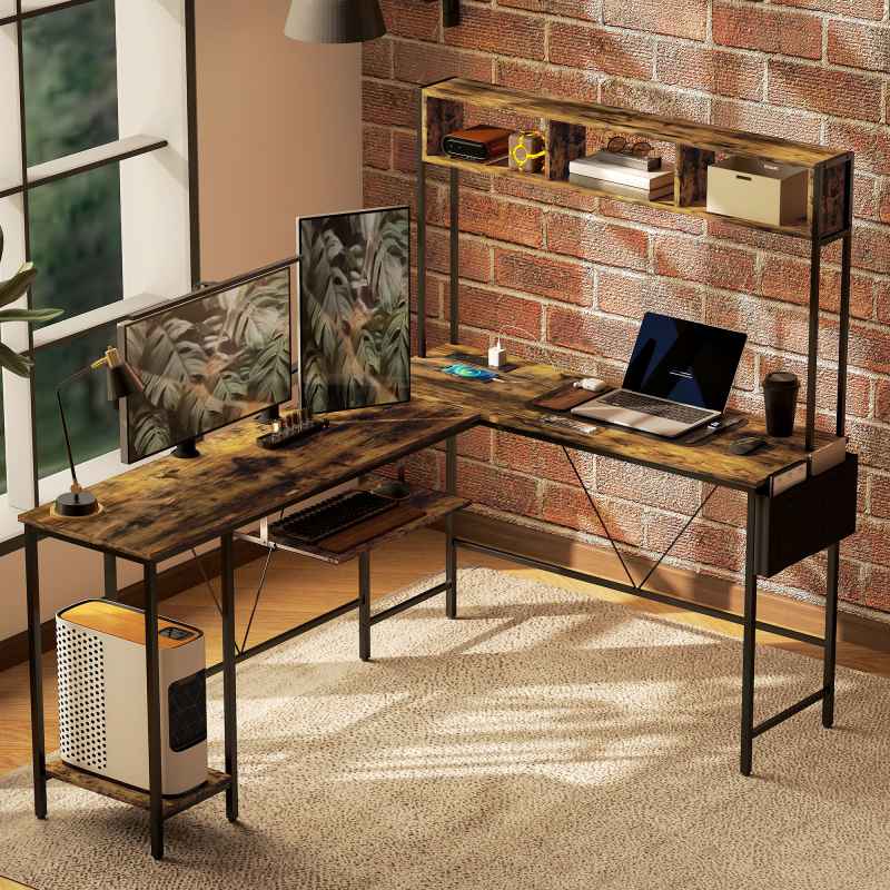 HOMCOM 160cm Reversible L Shaped Desk with Power Outlet, Industrial Corner Desk with Storage Shelves and Keyboard Tray, 240cm Long Computer Desk for 2 Person, Rustic Brown