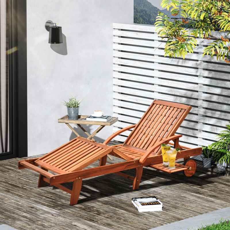 Outsunny Folding Wooden Sun Lounger, 4-Level Adjustable Garden Lounger Recliner with Side Tray and Wheels, Outdoor Reclining Sunbed with Slatted Seat and Armrests for Patio, Terrace, Teak