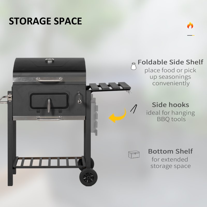 Outsunny Charcoal Grill BBQ Trolley with Adjustable Charcoal Grate, Garden Metal Smoker Barbecue with Shelf, Side Table, Wheels, Built-in Thermometer, Bottle Opener