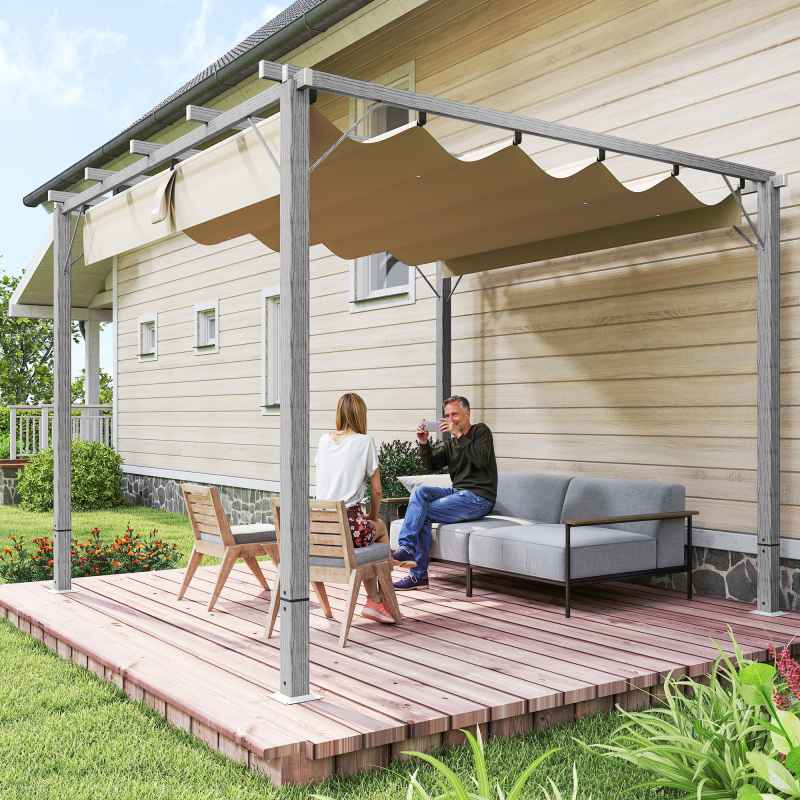Outsunny 3 x 3(m) Garden Pergola with Retractable Roof Canopy and Wood Grain Aluminium Frame, Outdoor Gazebo Pergola Kit, UPF30+ Sun Shade Shelter for Deck, Porch, Grey