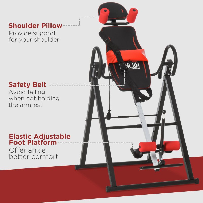 HOMCOM Gravity Inversion Table w/ Safety Belt Adjustable Hand Stand Home Back Stretcher Machine For Muscle Pain Relief, Red