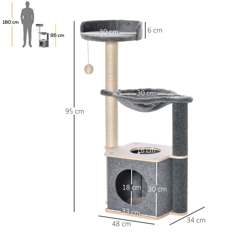 PawHut Cat Tree for Indoor Cats 95cm Climbing Tower Kitten Activity Center with Sisal Scratching Post Perch Roomy Condo Hammock Removable Felt Hanging Toy, Grey