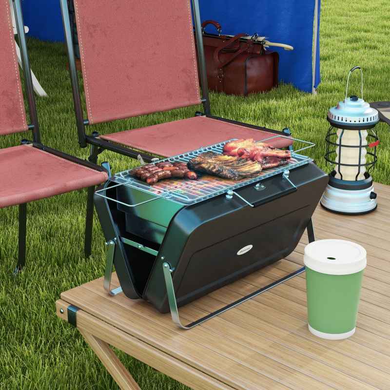 Outsunny Portable Mini Charcoal Barbecue Grill with Suitcase Shell, Outdoor Folding Tabletop BBQ Grill for Garden Camping Picnic Party, Black