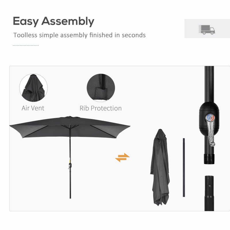 Outsunny 3x2m Patio Parasol Garden Umbrellas Canopy with Aluminium Tilt Crank Rectangular Sun Shade Steel, Black
