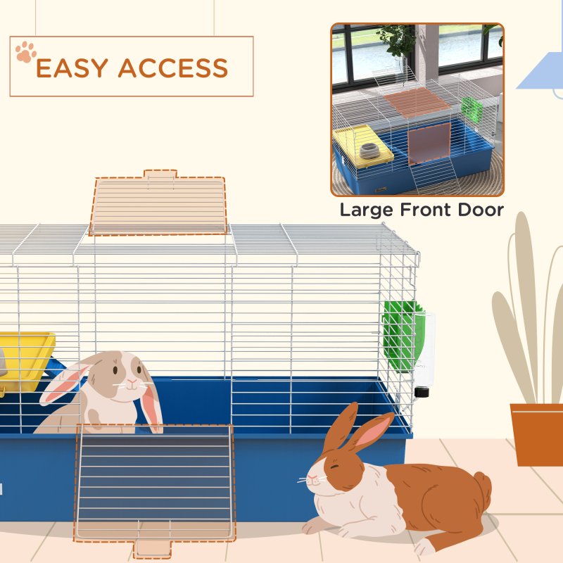 PawHut Guinea Pig Cage Chinchillas Rabbit Small Animal Cage with Ramp, Dish, Water Bottle, 99 x 52 x 53cm, Blue
