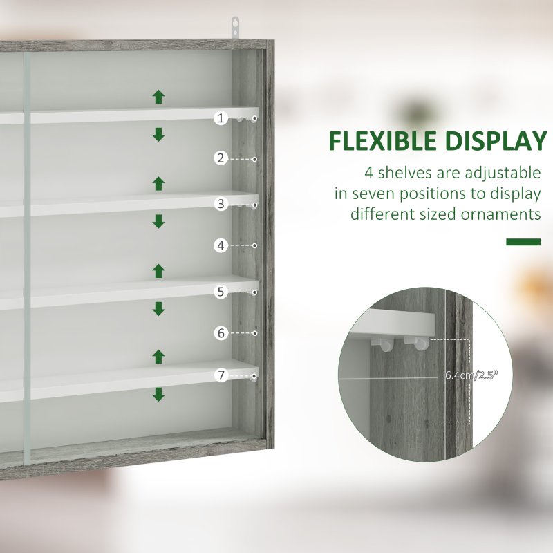 HOMCOM 5-Tier Wall Mounted Display Cabinet, Display Case with 4 Adjustable Shelves, Glass Doors for Home Office Ornaments 60x80cm, Grey Wood Grain