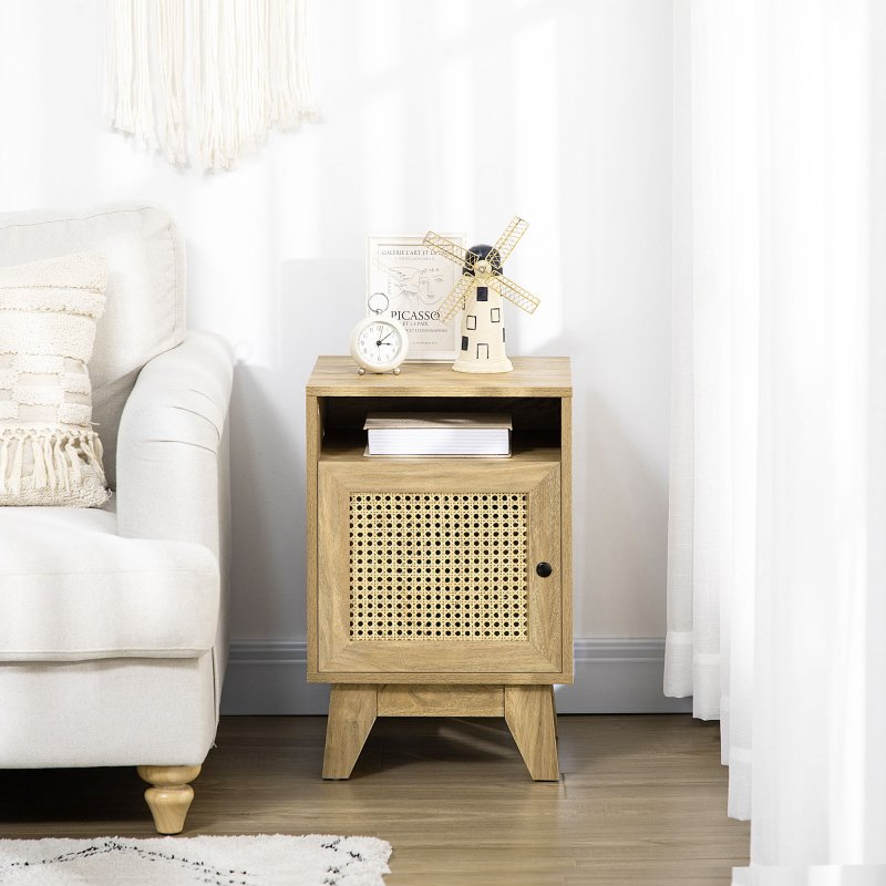 HOMCOM Bedside Table Nightstand with Storage Shelf and Door Cupboard, Side End Table with  Rattan Element for Living Room, Bedroom, Natural