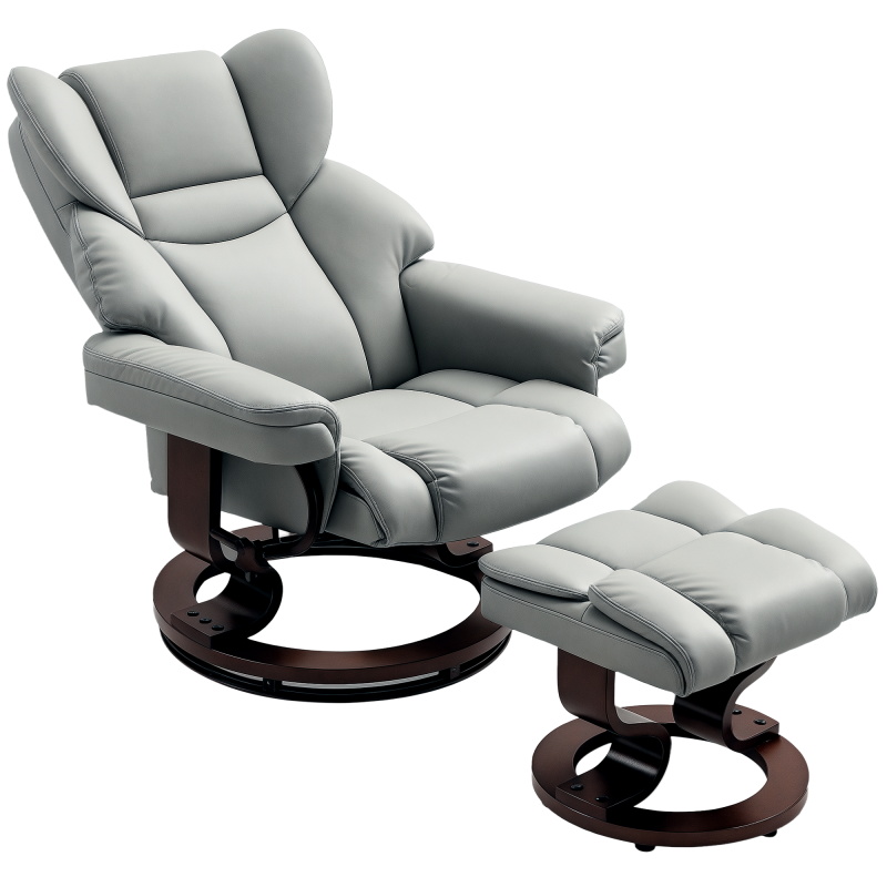 HOMCOM Faux Leather Recliner Chair and Footstool, Swivel Upholstered Armchair and Footstool with Adjustable Backrest, Solid Wood Base for Living Room, Light Grey
