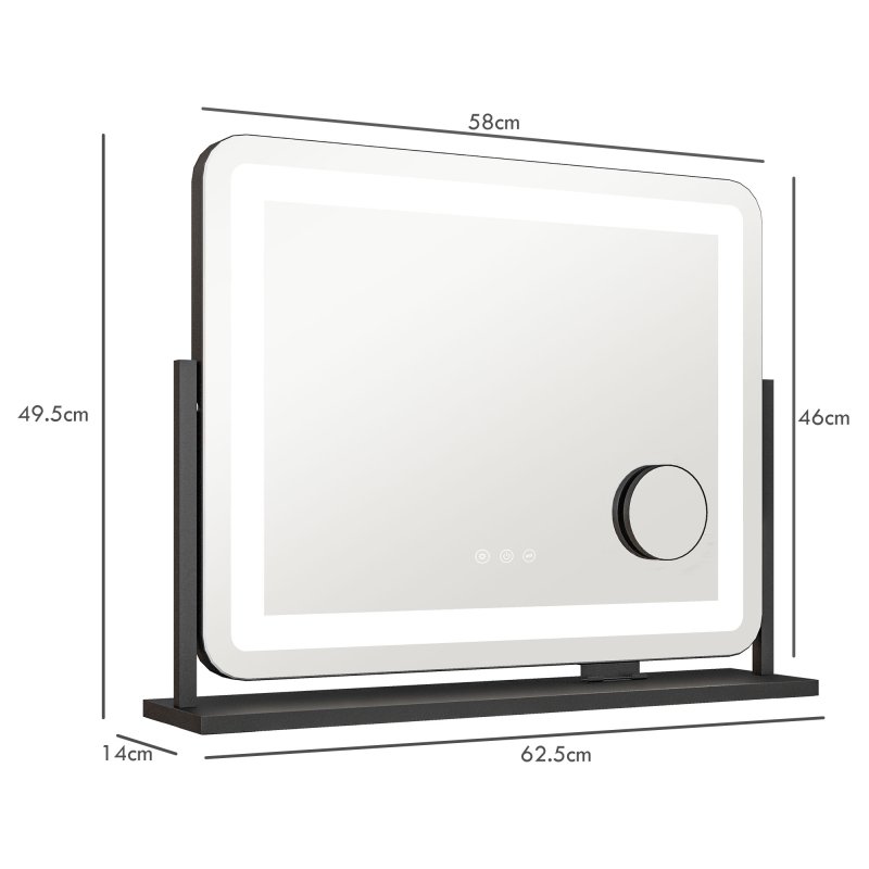 HOMCOM Vanity Mirror with Lights, 63x50 cm Lighted Makeup Mirror with 3 Colour Lighting Modes, 10X Magnifying, USB Charging Port, Phone Holder, 360 Degree Rotation, Touch Screen, for Dressing Table