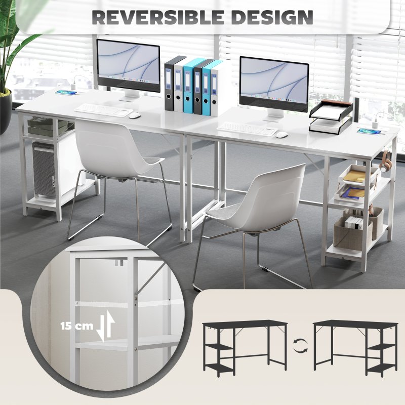 HOMCOM Computer Desk with Power Outlets, 120 x 60 cm Home Office Desk with Reversible Storage Shelves and Headphone Hook, Study Table Workstation for Bedroom, White
