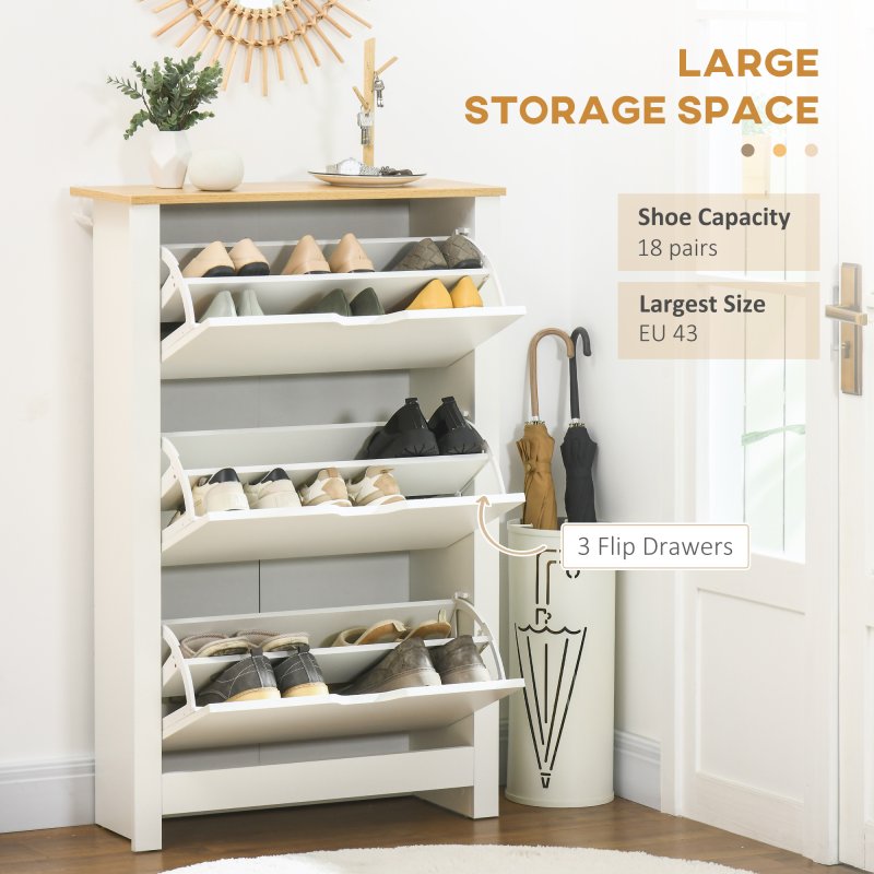 HOMCOM Narrow Shoe Cabinet, Space Saving Shoe Storage Cabinet with 3 Flip Drawers and Adjustable Shelves for 18 Pairs of Shoes for Hallways and Living Room, White