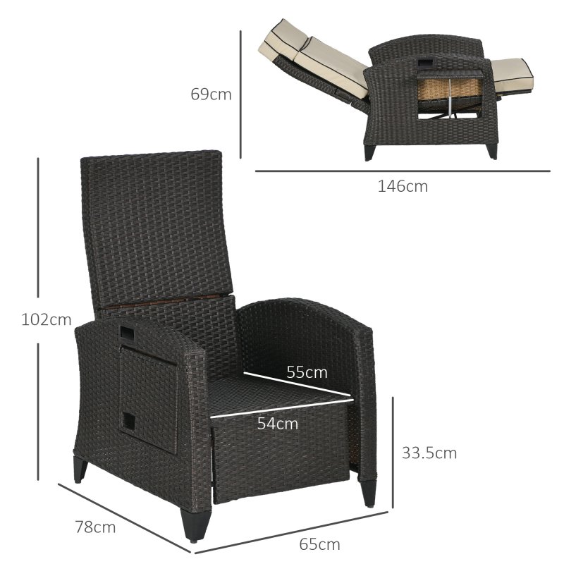 Outsunny Garden Recliner with Cushion, PE Wicker Outdoor Recliner Chair with Adjustable Backrest & Footrest, Rattan Recliner Chair with Armrests and Side Tray for Balcony, Porch, Khaki/Brown