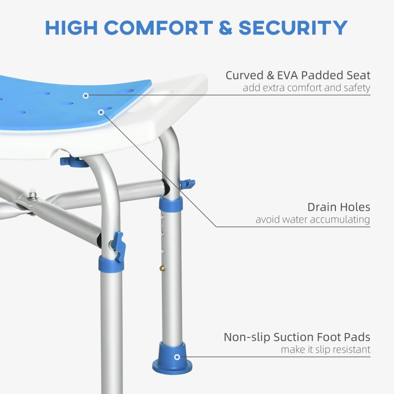 HOMCOM Shower Chair for the Elderly and Disabled, Adjustable Padded Shower Stool with Built-in Handle and Non-slip Suction Foot Pads