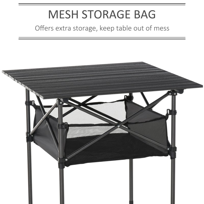 Outsunny 70cm Aluminum Roll-Top Table w/Mesh Bag Camping Outdoor Dining Foldable w/Steel Frame Picnic Lightweight Hiking Furniture Desk, Black