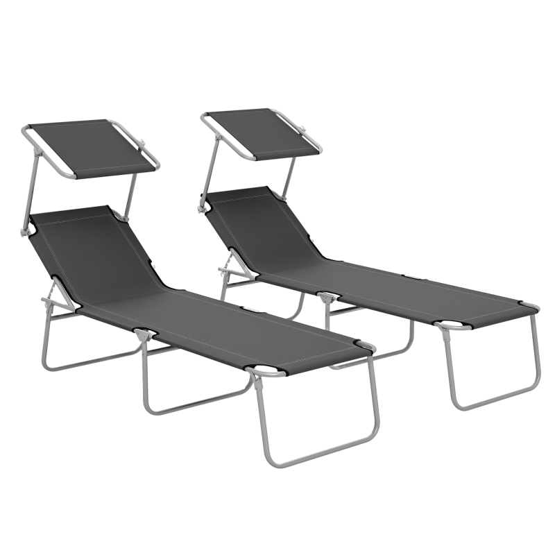 Outsunny Outdoor Foldable Sun Lounger Set of 2, 4 Level Adjustable Backrest Reclining Sun Lounger Chair with Angle Adjust Sun Shade Awning for Beach, Garden, Patio, Grey
