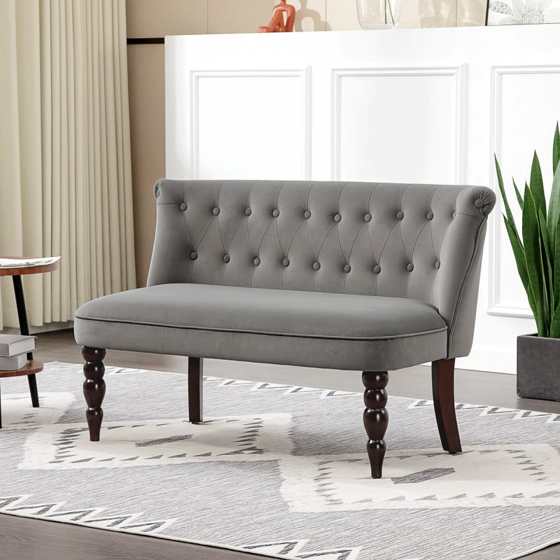 HOMCOM Loveseat with Wood Frame, Compact 2 Seater Sofa, Button Tufted Chaise Lounger with Carved Legs, Vintage Design for Bedroom Living room, Charcoal Grey