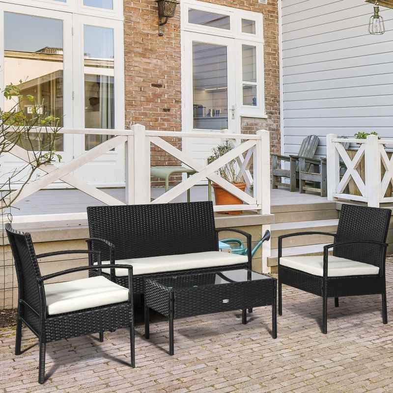 Outsunny 4 Pieces Rattan Garden Furniture Set, 4 Seater Garden Sofa Set with Loveseat, Armchairs and Glass Top Table, Wicker Conservatory Furniture with Cushions for Patio, Balcony, Black
