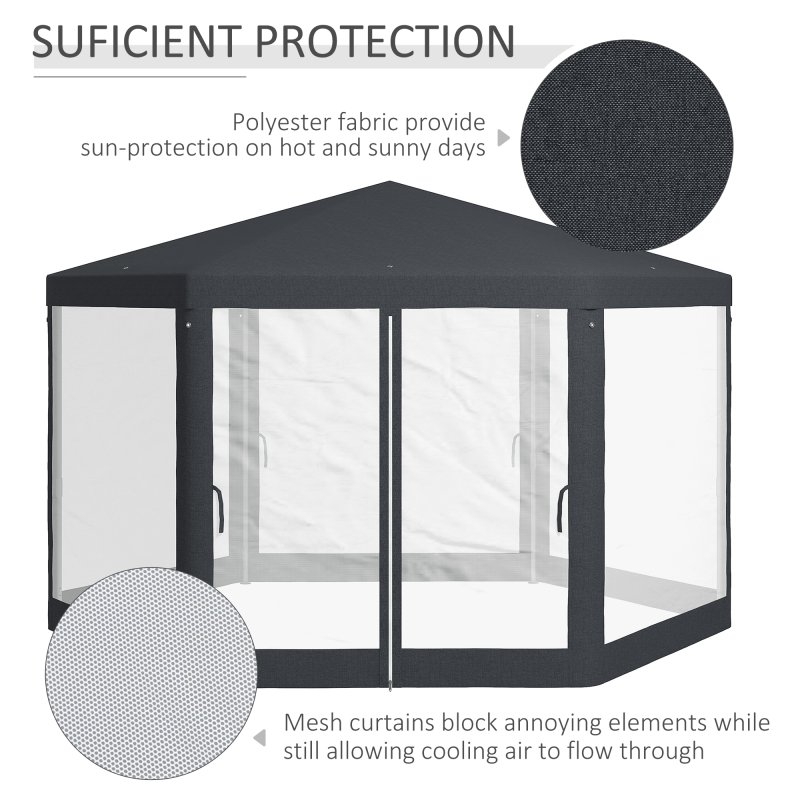 Outsunny 4M Hexagon Gazebo, Netting Party Tent, Patio Canopy Outdoor Event Shelter for Activities, Shade Resistant, Dark Grey