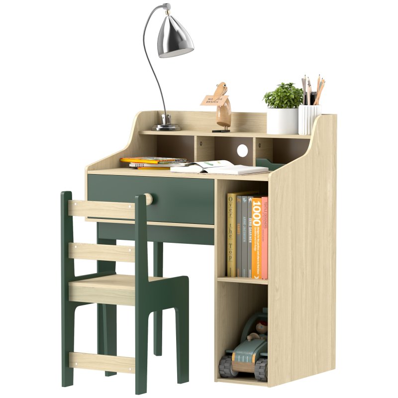 AIYAPLAY Kids Desk and Chair Set, Children Study, Table and Chair Set with Storage Shelves, Drawer, Kids Table and Chair Set for 3-10 Years, Green