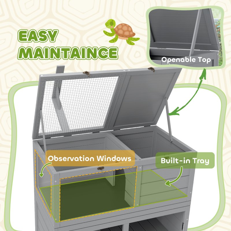 PawHut Tortoise House with Storage Cabinet, Wooden Tortoise Enclosure with Lamp Holder, Openable Top, Transparent Windows, Turtle Habitat for Indoor, Light Grey