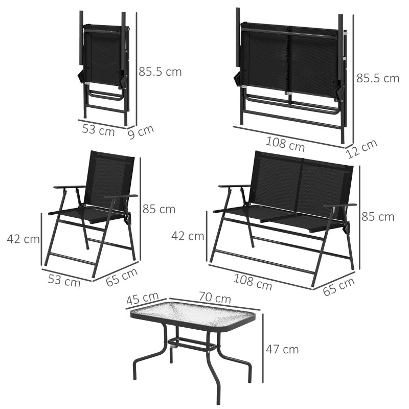 Outsunny Outdoor 4 Pieces Patio Furniture Set with Breathable Mesh Fabric Seat & Backrest, Garden Set with Two Foldable Armchairs, a Loveseat & Glass Top Table, Black