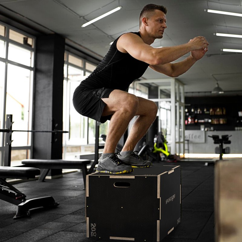 SPORTNOW 3-in-1 Wooden Plyo Box, Anti-Slip Plyometric Jump Platform, Step Up Exercise Box with Handle Openings for Home Gym, Workout Training, 51/61/76cm