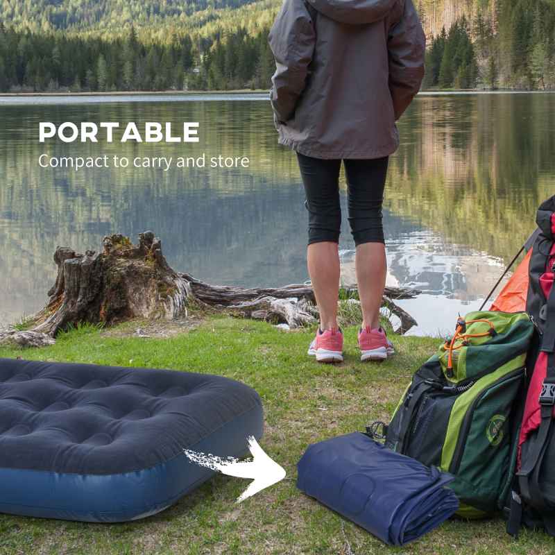 Outsunny Single Air Bed with Hand Pump, Inflatable Mattress with Flocked Surface for Guest, Camping, Travel, 191 x 73 x 22cm, Blue
