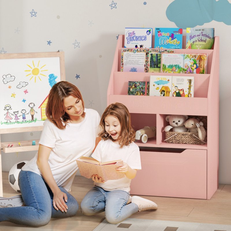 HOMCOM Kids Bookshelf with Storage Drawer, Children's Bookcase with Wheels, Toy Organiser for Bedroom, Playroom - Pink