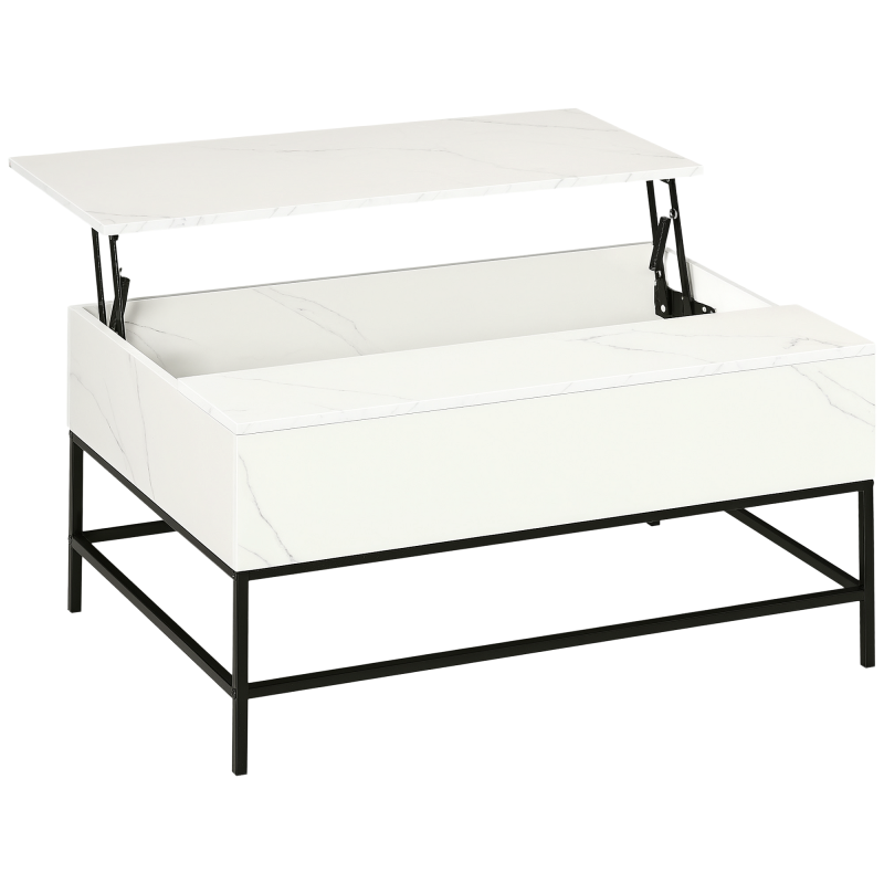 HOMCOM Lift Top Coffee Table, Lifting Coffee Table with Hidden Storage Compartment and Metal Legs, for Living Room, Faux Marble White