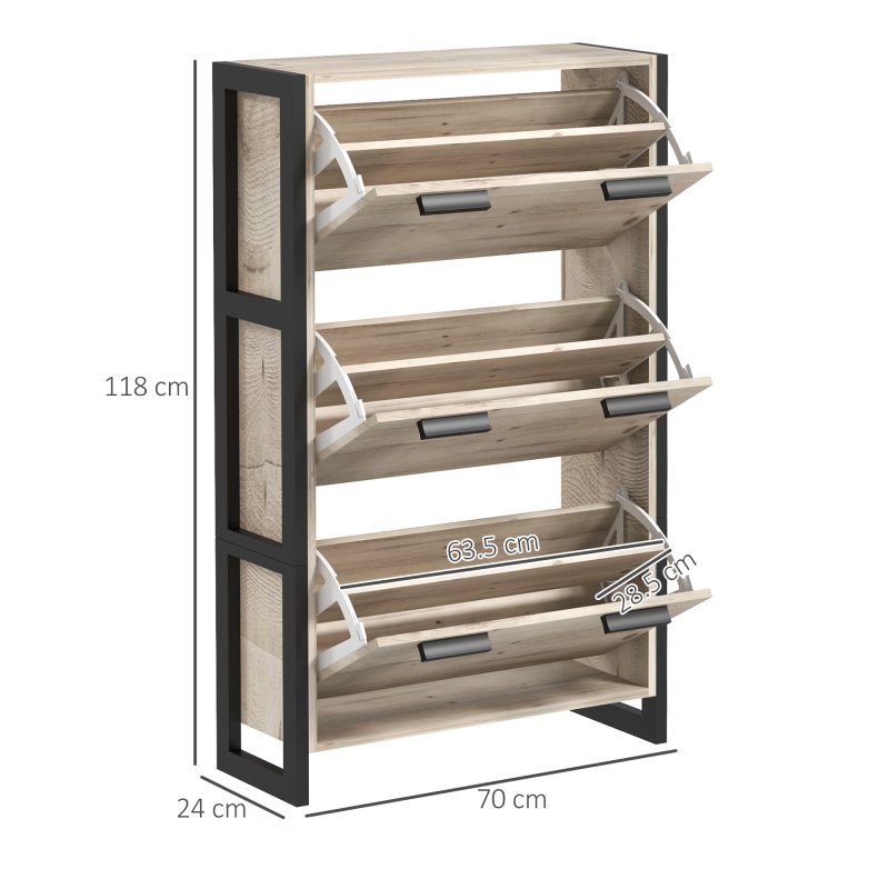 HOMCOM 3 Drawers Narrow Shoe Cabinet, 18 Pairs Shoe Storage Cupboard with 3 Flip Doors and Adjustable Shelves for Entryway, Hallway, Natural Wood-effect