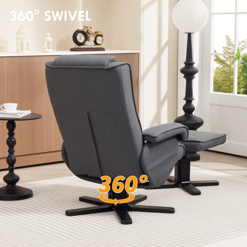 HOMCOM Rocker Swivel Recliner Chair with Footstool, Linen Fabric Recliner Armchair with Ottoman, Wood Base, Upholstered Reclining Chair for Living Room, Bedroom, Office, Charcoal Grey