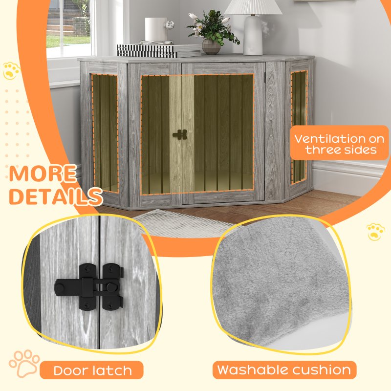 PawHut Dog Crate Furniture, Side Table Dog Kennel with Cushion, Large Door, for Large Dogs - Grey