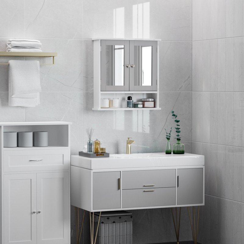 kleankin Mirror Cabinet Wall Mounted with Double Mirrored Doors, Hanging Cabinet with Cupboard and Shelf, Bathroom Wall Storage Organiser