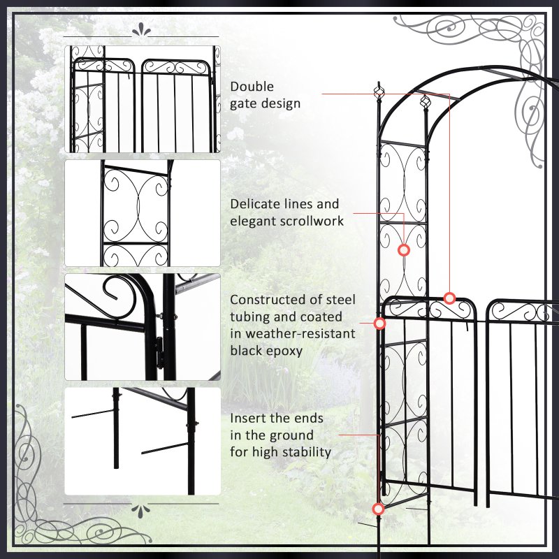 Outsunny Garden Decorative Metal Arch with Gate Outdoor Patio Trellis Arbor for Climbing Plant Archway Antique Black - 108L x 45W x 215Hcm