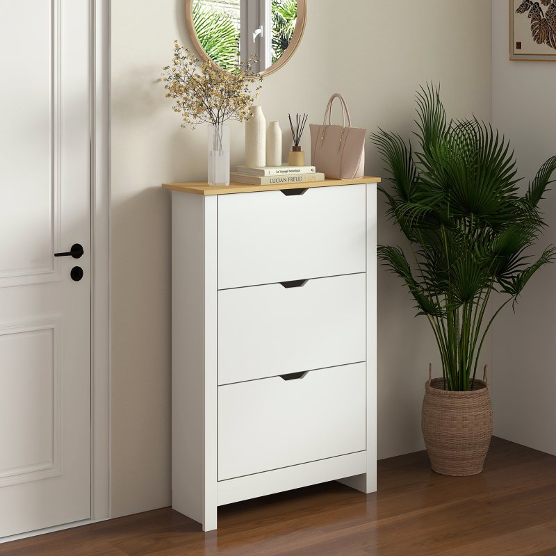 HOMCOM Narrow Shoe Cabinet, Space Saving Shoe Storage Cabinet with 3 Flip Drawers and Adjustable Shelves for 18 Pairs of Shoes for Hallways and Living Room, White