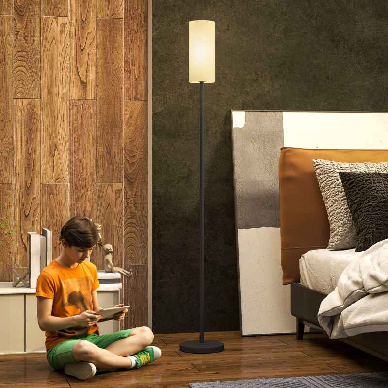 HOMCOM Floor Lamp for Living Room, Modern Standing Lamp with Linen Shade & Foot Switch, Minimalist Tall Pole Lampshade for Bedroom, Office, White