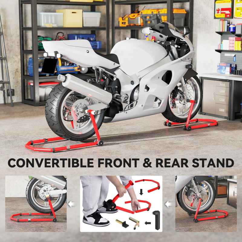 HOMCOM Motorcycle Stand Lift, 390 kg Capacity Convertible Front/Rear Motorbike Motorcycle Paddock Lift Stand with Adjustable U+L Fork Pin Adaptors, Wheels, Clamping Clips, Red