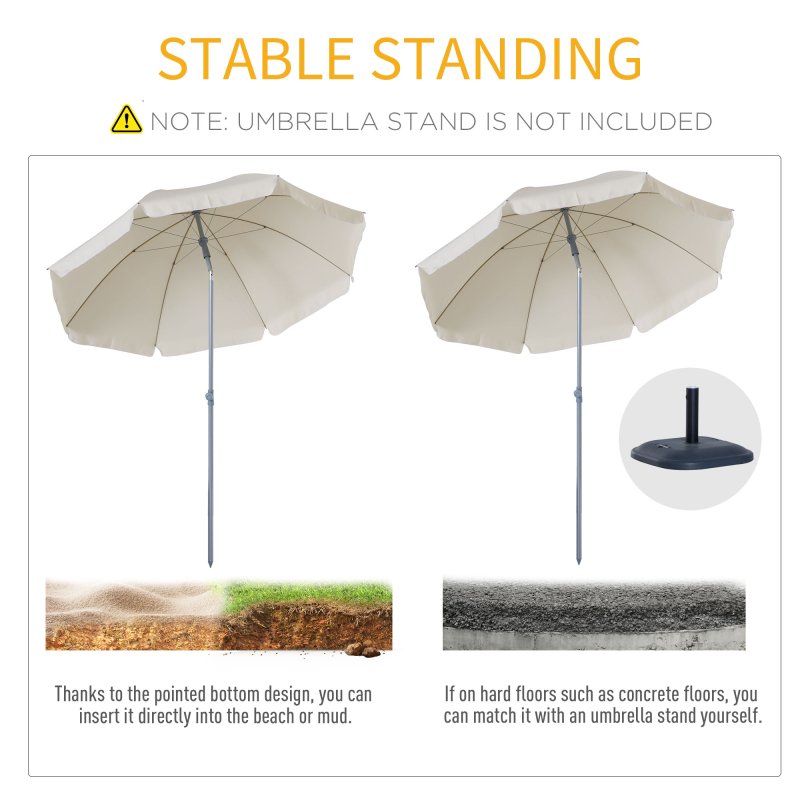 Outsunny 2.2m Beach Umbrella, Portable Parasol with Tilting Function, Outdoor Sunshade Shelter with 8 Ribs for Garden, Pool and Patio, Cream White