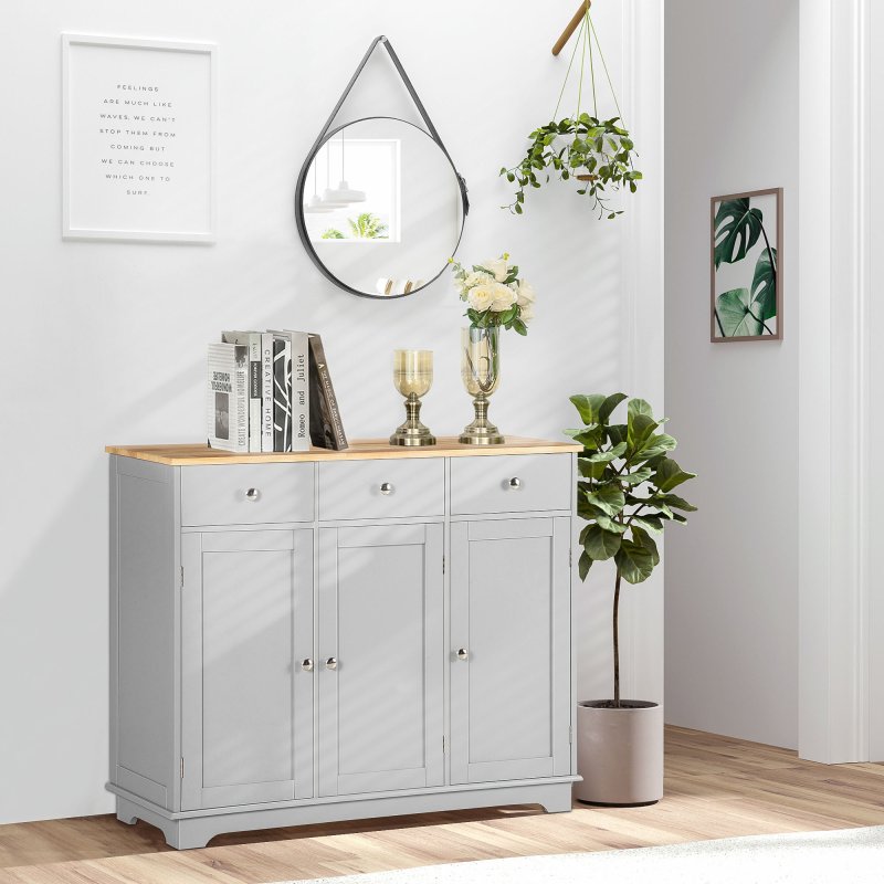 HOMCOM Modern Sideboard with Rubberwood Top, Buffet Cabinet with Storage Cabinets, Drawers and Adjustable Shelves for Dining Room, Kitchen, Grey