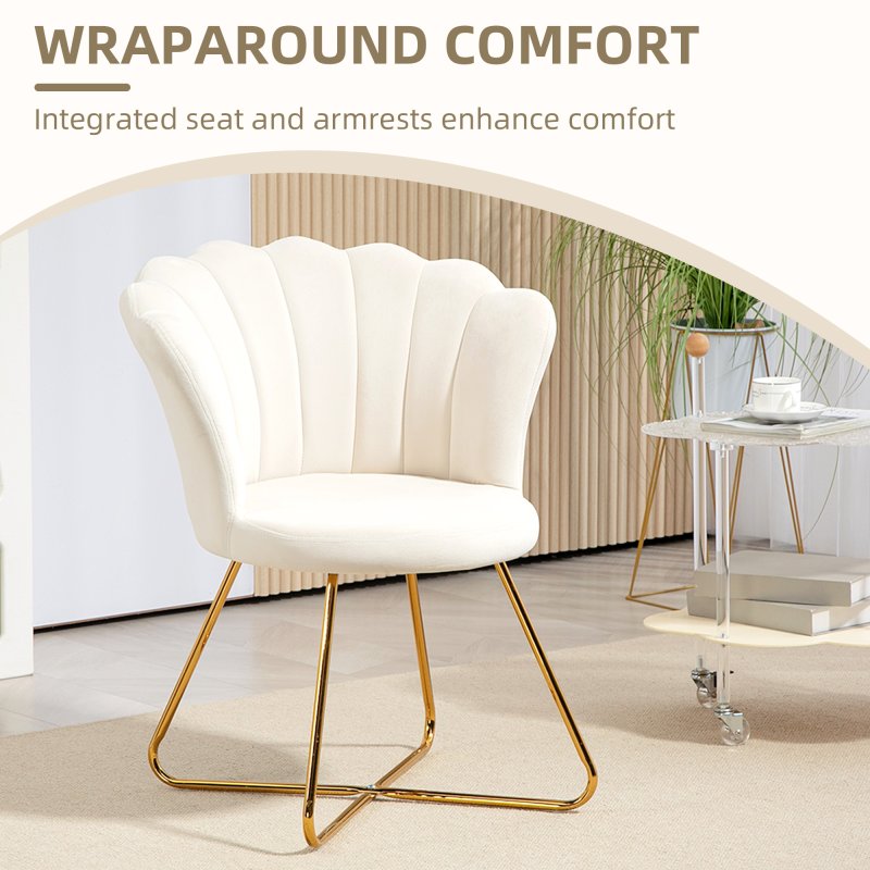 HOMCOM Modern Armchair, Velvet Tufted Accent Chair with Lotus Backrest, Occasional Tub Chair with Steel Legs for Living Room, Bedroom, Cream