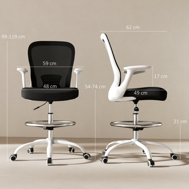 HOMCOM Drafting Chair, Swivel Draughtsman Chair, Ergonomic Office Chair, Mesh Standing Desk Chair with Flip-up Armrest, Lumbar Support, Adjustable Foot Ring, Black and White