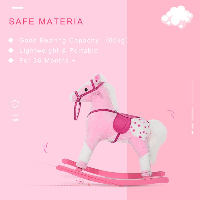 HOMCOM Baby Rocking Horse Plush Ride on Animals Rocker with Sound Handle Grip for Kids 3-6 Years - Pink