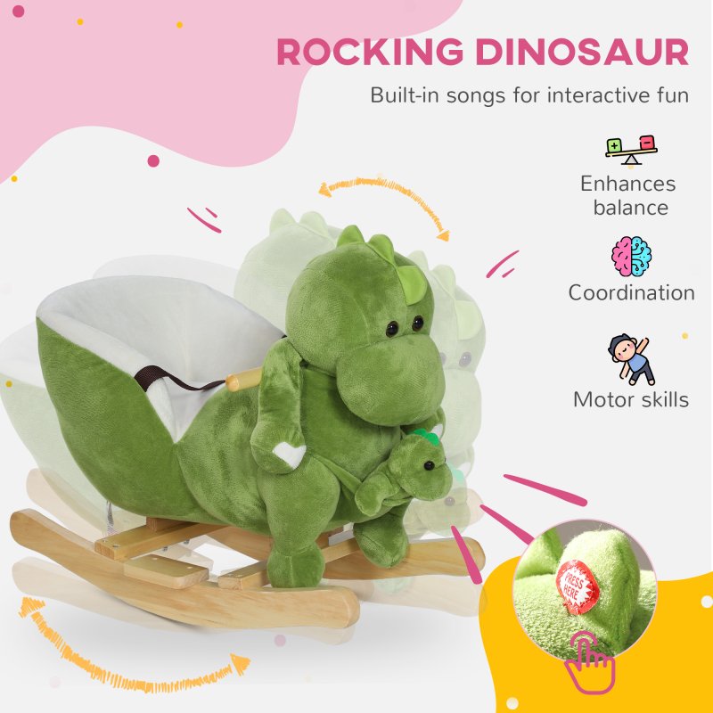 AIYAPLAY Baby Rocking Horse, Plush Ride on Dinosaur Seat with Safety Belt, 32 Songs, Wood Base, Hand Puppet