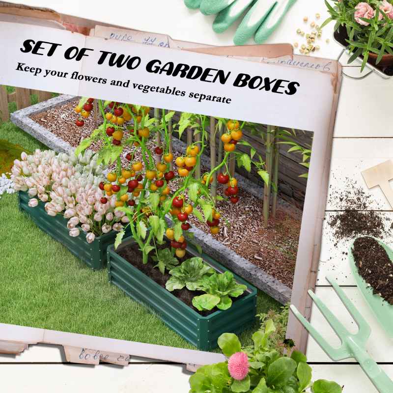 Outsunny Set of 2 Raised Garden Bed, Outdoor Planter Box with Galvanised Steel Frame for Growing Vegetables, Flowers and Herbs, 110 x 50 x 30cm, Green