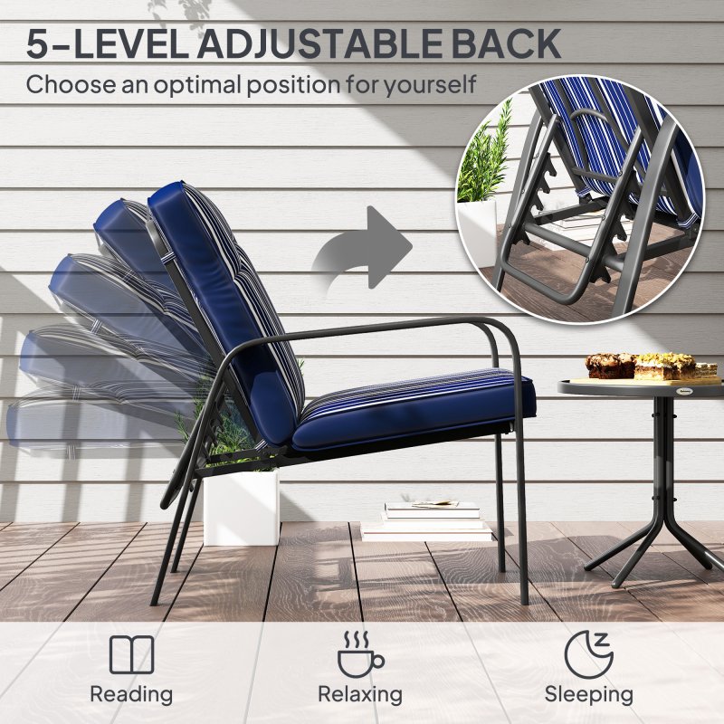 Outsunny 3-Piece Patio Bistro Set, 5-Position Adjustable Recliner Garden Chairs and Tempered Glass Table, Garden Furniture Set with Cushions, High Back, Armrests, Metal Frame for Balcony Patio, Blue