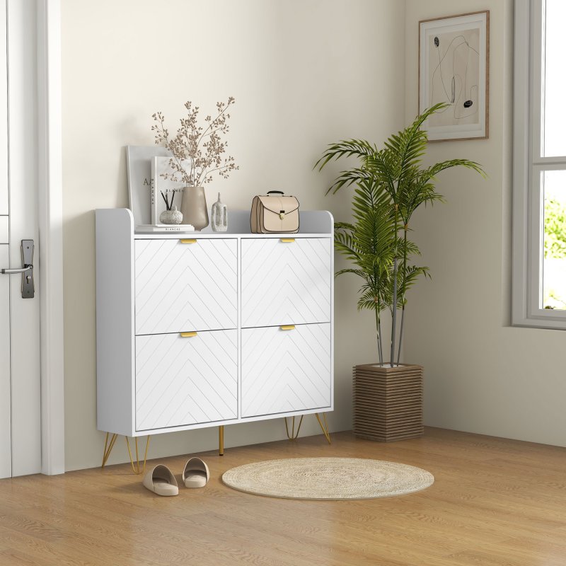 HOMCOM Narrow Shoe Cabinet with 4 Flip Drawers, Slim Shoe Storage Cabinet with Adjustable Shelves, Hairpin Legs and 4 Vents for 16 Pairs of Shoes for Entryway, White